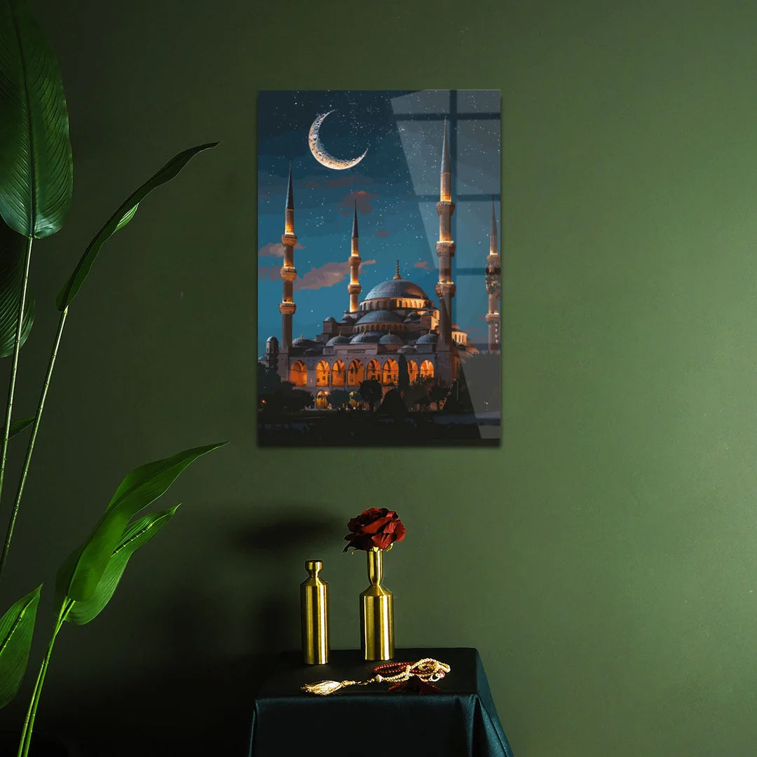 Maryam Islamic Art Blue Mosque in Moonlight Glass Wall Art.