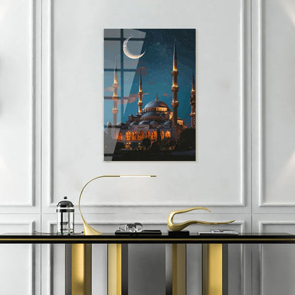 Maryam Islamic Art Blue Mosque in Moonlight Glass Wall Art.