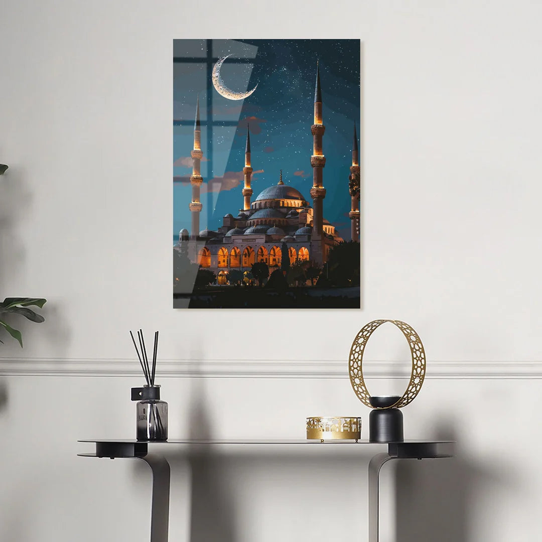 Maryam Islamic Art Blue Mosque in Moonlight Glass Wall Art.