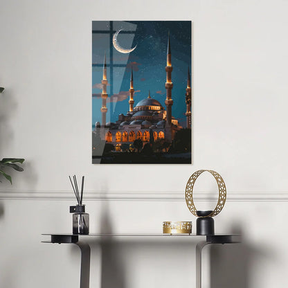 Maryam Islamic Art Blue Mosque in Moonlight Glass Wall Art.