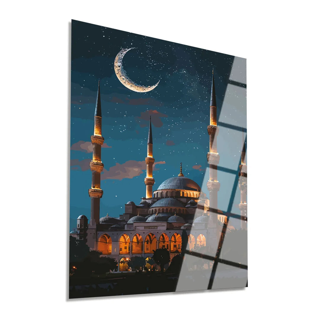 Maryam Islamic Art Blue Mosque in Moonlight Glass Wall Art.