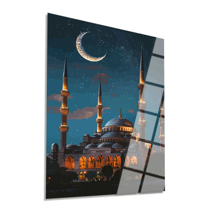 Maryam Islamic Art Blue Mosque in Moonlight Glass Wall Art.